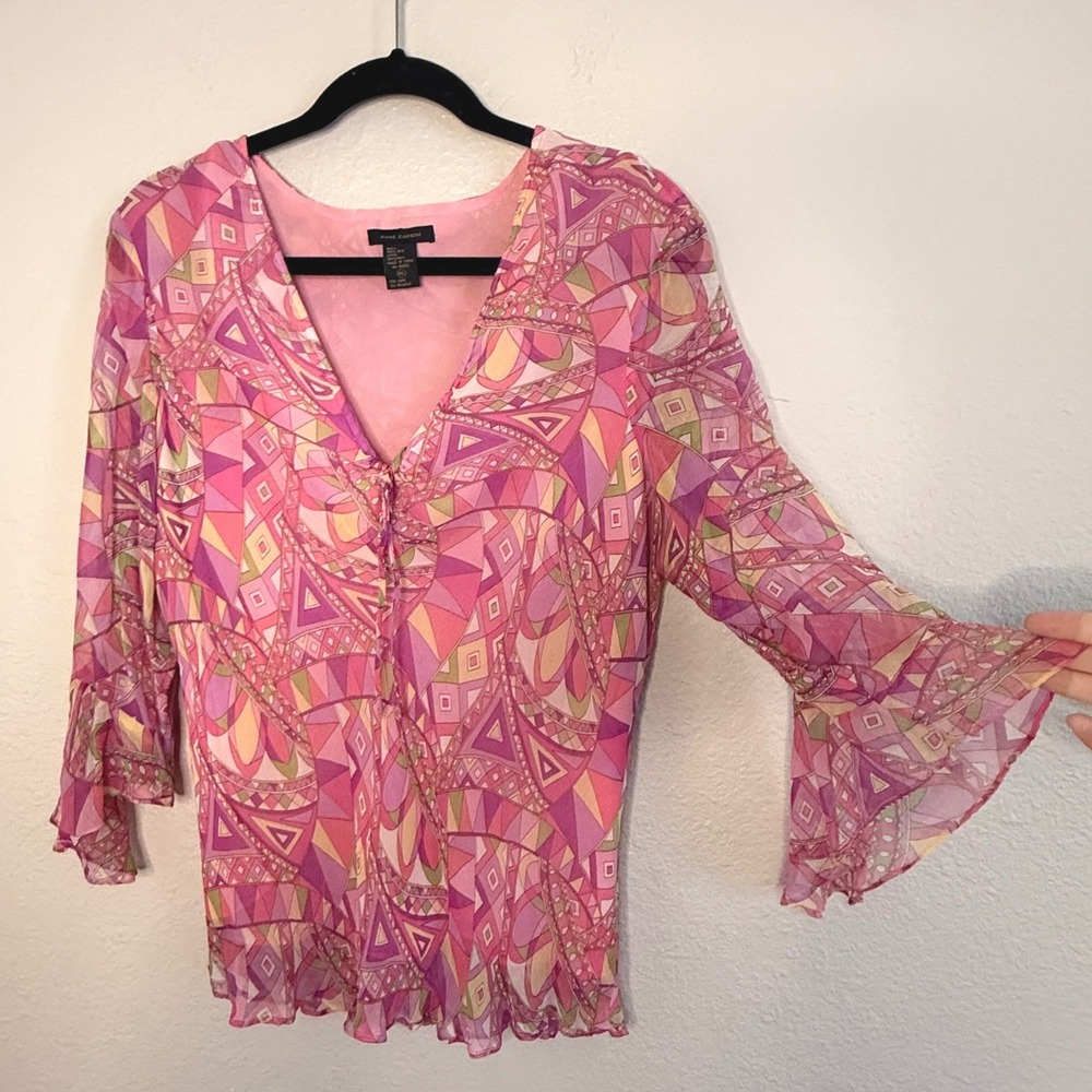 Vintage Y2K Boho Pink Abstract Geometric Artsy Silk Bell Sleeve Blouse Womens XL